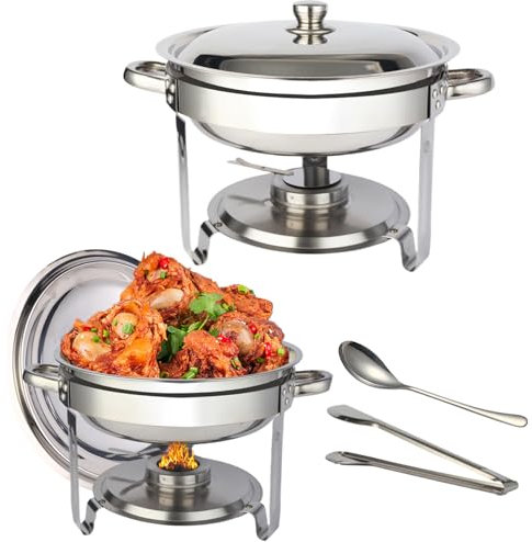 2er Set Chafing Dish Buffet, 5QT Buffet zubehör,buffetwärmer elektrisch,wärmeplatte Essen, Runde thermobehälter für Speisen, Chafer Catering Speisenwärmer für Catering,Party,Hochzeit (2, silbrig)