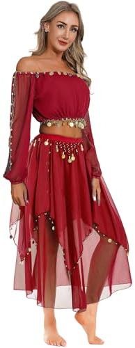YiZYiF Damen Kostüm Bauchtanz Pailletten Langarm Top Maxirock Set Halloween Karnevalskostüm Indisches Tanzkostüm Inderin Tänzer Outfit Set Rot Einheitsgröße