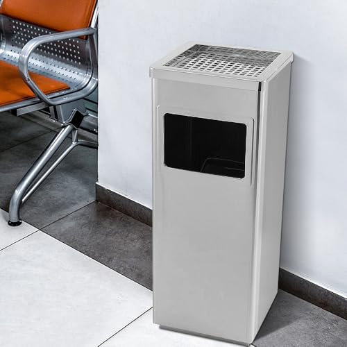 OHMG Basurero con Cenicero de Pie de 35L,Cubo Interior Extraíble,Cubo de Basura de Acero Exterior para la Oficina, el Hotel y el Jardín,Contenedor de residuos,Papelera Cenicero