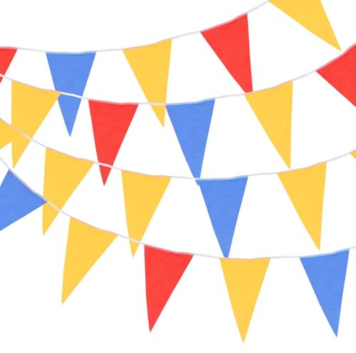 sourcing map 30M/108ft Red Blue Yellow Bunting Banner String Hanging with 64PCS Triangle Flags Pennant Banner for Outdoor Garden Wedding Birthday Party