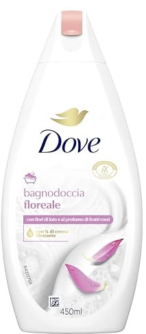 Dove Bagnodoccia Floreale, Idratante Dermo-Naturale, Fiori di Loto e Frutti Rossi, 1/4 Crema Idratante, Dermatologicamente Testato, Bagnoschiuma Uomo e Donna, 100% Bottiglia Riciclata* 450ml