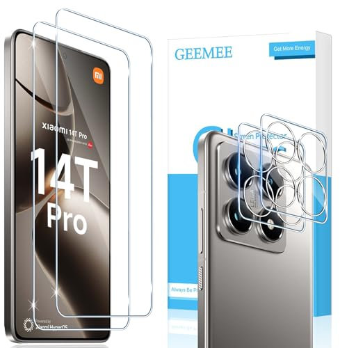 GEEMEE 2+2 Piezas para Xiaomi Mi 14T Pro: Protector de Pantalla y Lente de Cámara, Vidrio Templado 9H, Anti-Arañazos, Sin Burbujas