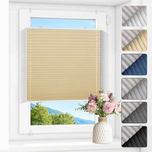Zarnan Plissee ohne Bohren Verdunkelung Thermo Plissee Klemmfix Hellbeige B100 x H130 cm(BxH) plisseerollo Klemmfix 100% Blickdicht Jalousien for für Fenster innen Sichtschutz