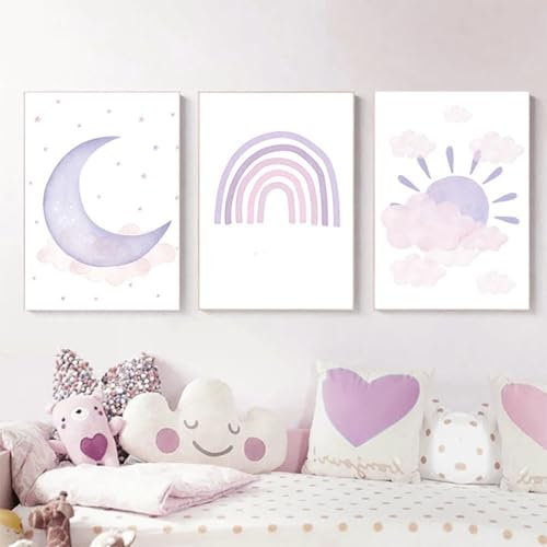 champracer 3er Set Poster Kinderzimmer Deko Bilder Bilder Kinderzimmer Regenbogen Sonne Mond Wandbilder für Jungen Mädchen Wohnzimmer Schlafzimmer Wanddeko Ohne Rahmen (30 * 40cm,lila)