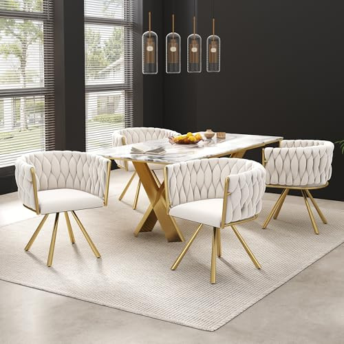 YuQozii Samt-Esszimmerstuhl, einzelner Heller Luxus-Wohnzimmer-Schlafzimmer-Drehstuhl, Freizeit-Drehstuhl mit Vier Stützbeinen aus Metall,Beige und Gold (2)