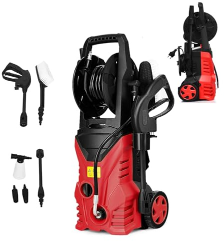 SOARS Nettoyeur Haute Pression 1500W, Nettoyeur Électrique 140 Bar, 5L/Min, avec Buses, Raccord d’Entrée d’Eau, Pot de Lessive, Brosse, Câble Électrique 5 M, pour Voiture, Terrasse, Mur (Rouge+Noir)