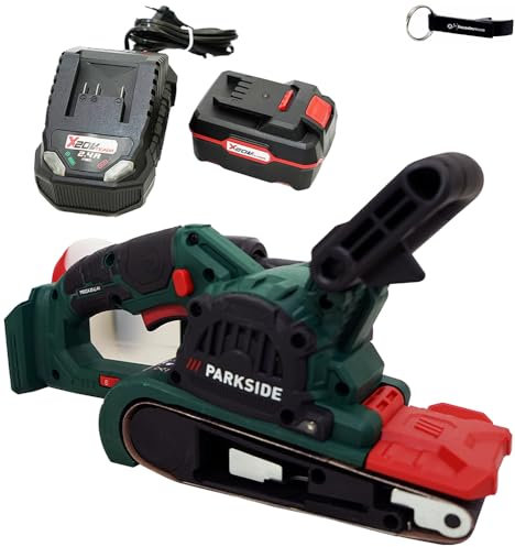 HEADNMORE® Bundle – Parkside® - Levigatrice a nastro a batteria 20 V PBSDA 20 (con batteria da 4 Ah inclusa) + portachiavi