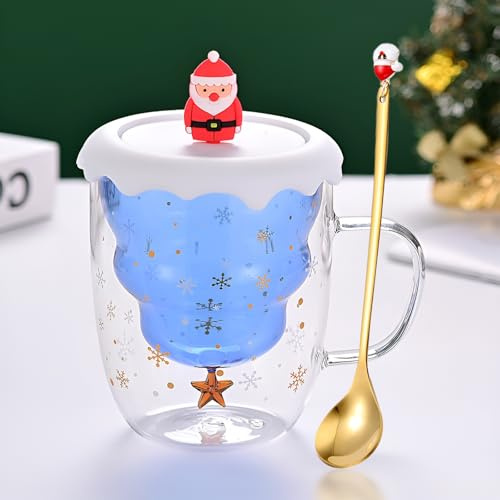 Syfunlv Grinch Weihnachtstasse, Doppelwandige Glastasse mit Deckel und Löffel, Weihnachtsbaum Kaffeetasse Espressotasse Teeglas Milchtasse Stil 10