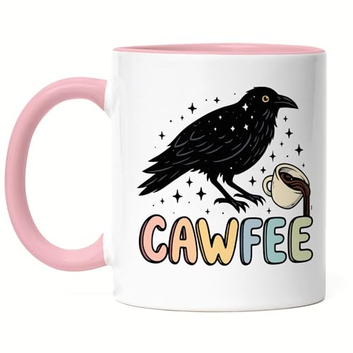 Hey!Print Tasse Rosa Rabe Krähe Kaffee Cawfee Lustiges Motiv Geschenk für Frauen Mädchen Halloween