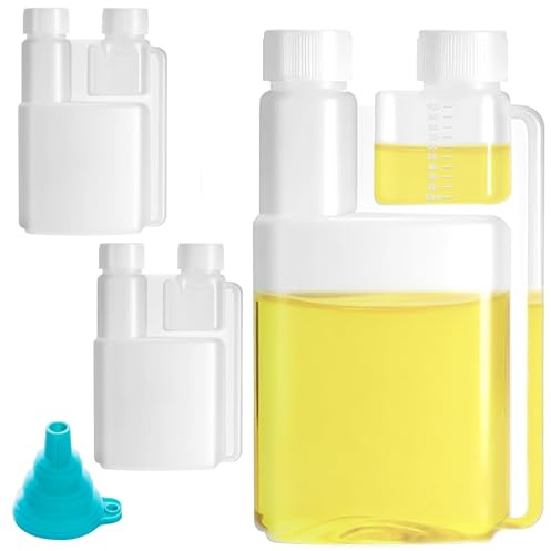 3 flaconi dosatori a doppio collo in PEHD, 1 flacone da 1 litro non riempito con camera dosatrice da 100 ml, 2 x 100 ml con camera dosatrice da 5 ml, con imbuto in silicone, misurino dell'olio per