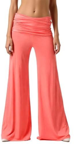 Generisch Coral Fold-Over-Yogahose Damen Weite Lounge Raffung Hose Einfarbige Wide-Leg-Pants Korallfarbene Faltenhose mit Hohem Umschlagbund für Yoga Sport und Alltag