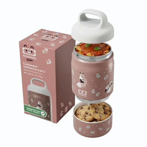 monbento - Isolierte Lunchbox für Kinder Handy – Cinnamon Fox - 500 ml 2-stöckige Edelstahl Bento Box - 2-in-1 hält Speisen warm & kalt - BPA-frei - Ideal für Schule & Ausflüge