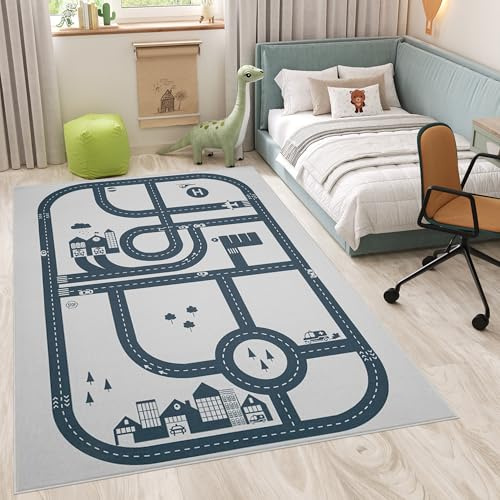 TAPISO Snooki Kinderteppich Straßen Auto Grau rutschfest 80 x 150 cm | Kinder Teppich Strapazierfähig Pflegeleicht weich Deko OEKO-TEX