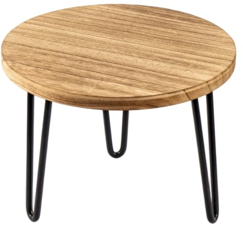 EVERGOODS Plant Stand Indoor Outdoor 25cm, Wooden Plant Stand Mid Century Modern Wood Plant Stool with Black Metal Legs, Small Round Plant Holder for Pots, Low Flower Stand for Living Room