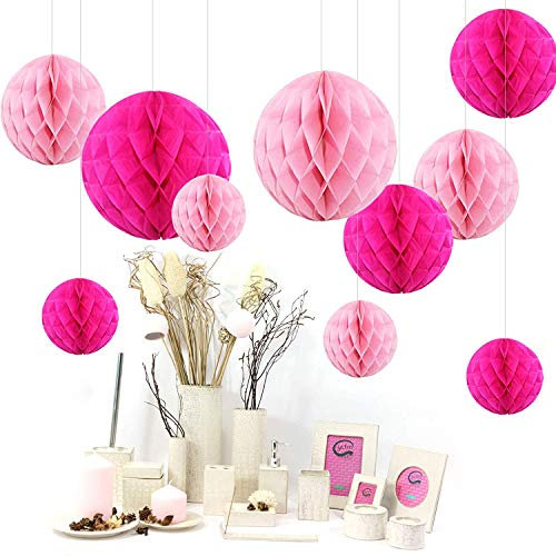 Himeland Papier Boule Nid d'abeille Décoration, Deco Bapteme, 10PCS Boule Alvéolé en Papier de Soie pour Mariage Anniversaire Fête Baby Shower Decoration Maison Baptême Maison, Rose