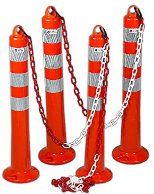 UvV 4 Stück Absperrpfosten UVTP2012 flexibel 75cm Kettenpfosten reflektierend mit praktischer Absperrkette als flexibler Sperrpfosten mit stabilem Standfuß inkl. Befestigung, orange (4)