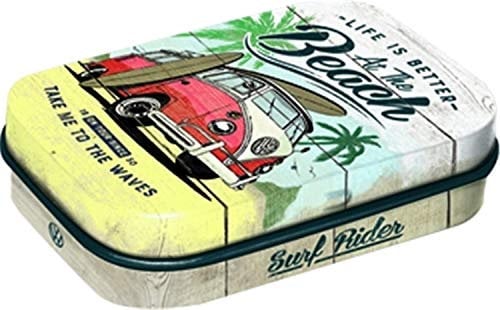 Nostalgic-Art Retro Pillendose, 4 x 6 x 1,6 cm, VW Bulli – Beach – Volkswagen Bus Geschenk-Idee, Original Lizenzprodukt (OLP), mit Pfefferminz-Dragees, Vintage Design