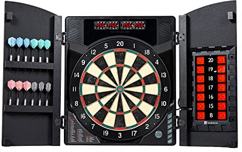 MD Sports Bristlesmart Smart Dartboard Cabinet with Digital X/O Cricket Scorekeeping and Steel Tip Dart Set