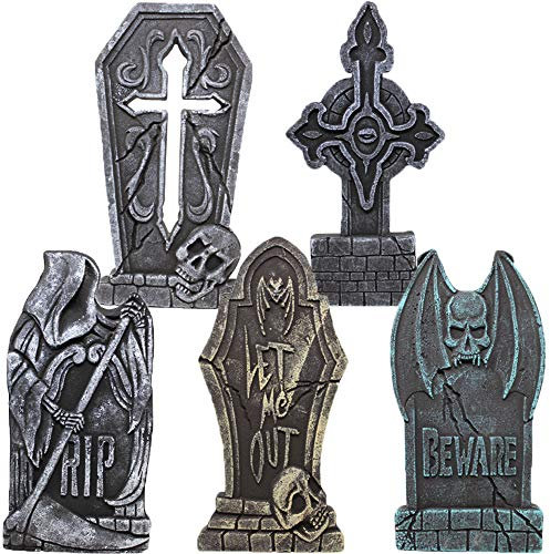 JOYIN 43 cm große Halloween-Grabsteine aus Schaumstoff „RIP“ für den Friedhof (5er-Pack), Grabsteindekorationen und 12 Bonus-Metallpfähle für Halloween-Gartendekorationen