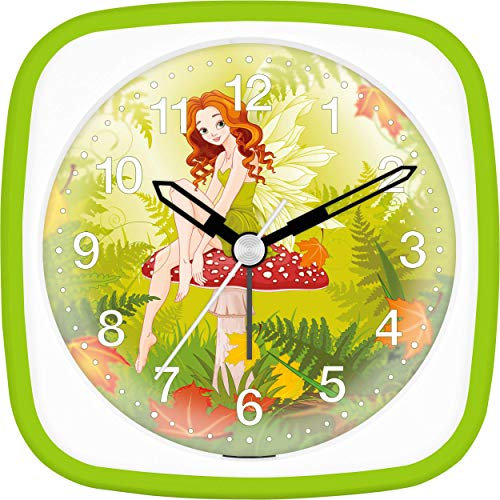 Eurotime Wecker für Mädchen mit Pilz Fee, Grün Weiß, Kinderwecker, Kunststoffgehäuse und Kunststoffglas, geräuscharmer Wecker, kein Ticken, mit Licht und Weckwiederholung, 27028-09