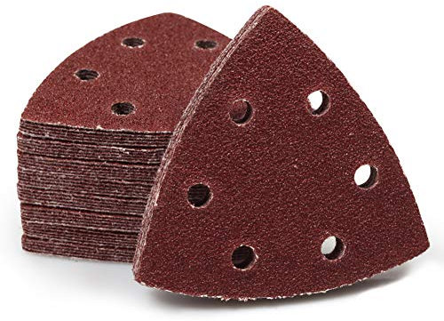 SPEEDWOX 50 Pcs Triangle Sanding Pads Hook and Loop 60 Grit Oscillating Sanding Pad 90mm 6 Holes Fit 3-1/2 Inches Oscillating Multi Tool Detail Sander Sandpaper Triangle Sanding Discs Sanding Tool