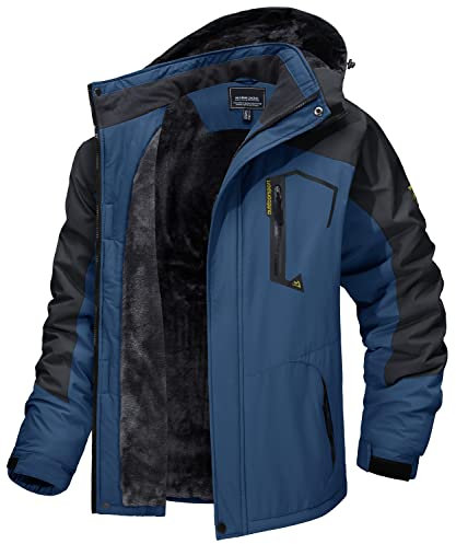 MAGCOMSEN Winter Herren Gefüttert Softshelljack Wasserdicht Atmungsaktiv Fleecejacke Herren Übergangsjacke Outdoor Skijacke Dick Snowboard Jacke mit Abnehmbarer Kapuze Denim Blue L