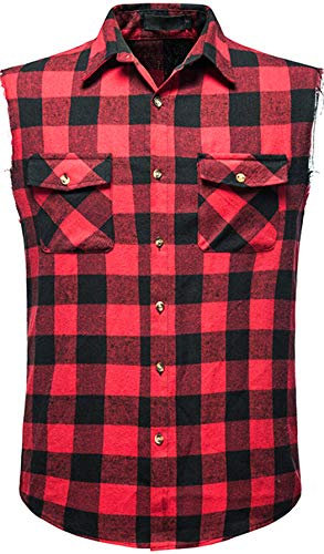 Iris Sprite Ärmelloses Kariertes Herrenhemd, Flanell, Knopfleiste, lockere Passform, mit Tasche, Rot-a210, S