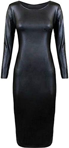 Women's Ladies Plus Size Celeb Style Wet Look Leather Long Sleeve Midi Dress 8-26(Black UK 8-10)