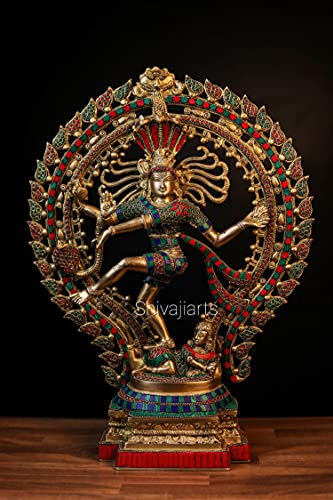 SHIVAJI ARTS Tanzende Shiva-Nataraja-Statue, groß, tanzende Shiva-Natraj-Statue, große Messing-Skulptur, Shiv Nataraj-Figur, Gold, Regenbogen, 10,2 x 43,2 x 55,9 cm