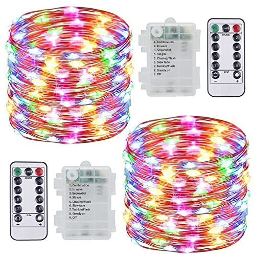 SUNNOW LED Batterie Lichterkette - 2er 10M 100 LED Lichterkette Kupferdraht mit Fernbedienung 8 Modi Wasserdicht Außen Lichterketten für Zimmer, Party, Hochzeit, Weihnachten Dekoration (Bunt)
