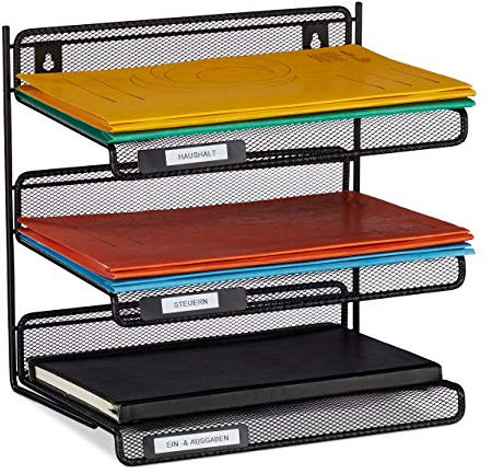 4 x Briefablage Metall, 3 Fächer zum Beschriften, A4, Büro & Arbeitszimmer, Wandmontage, HBT: 32 x 33 x 25 cm, schwarz