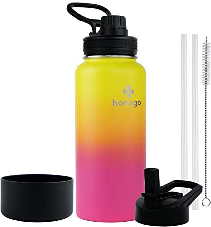 honogo 32 oz Powder Coated Double Wall Vacuum Insulated Sports Water Bottle, 18/8 Stainless Steel Wide Mouth Thermal Flask with Straw Lid & Spout Lid, Leak Proof, Sweat Free (Yellow Pink 32 oz)