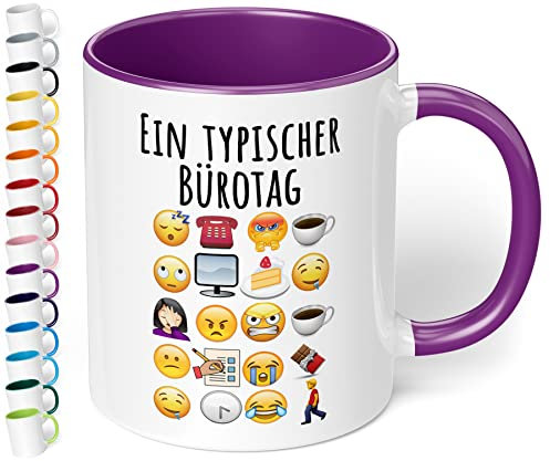 True Statements Lustige Büro Tasse Ein typischer Bürotag - 330ml Keramik Kaffeebecher mit Spruch Emoticon Geschenk Mitarbeiter Kollegen Büro Arbeit Homeoffice Geburtstag Weihnachten (Violett)