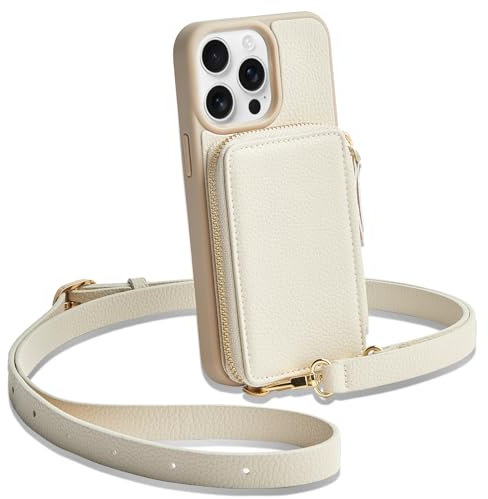 CUSTYPE Für iPhone 14 Pro Hülle Leder Handyhülle Für iPhone 14 Pro Hülle mit Band und Kartenfach, Handykette Hülle Für Apple iPhone 14 Pro Beige 6,1”