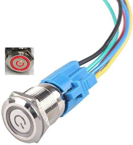 Hailege Latching Push Button Switch 16MM 12V-24V 5A 1NO1NC Fixed Self-locking Power Button Switch Stainless Steel Metal Angel Eye LED Light Key with Socket Plug Wire