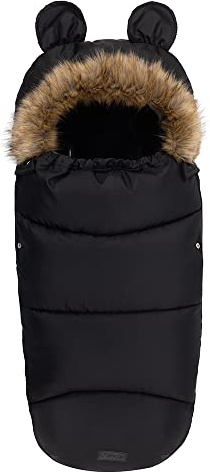 MoMi Kinderfußsack 45 x 95 cm für Kinderwagen, für 3-Punkt- und 5-Punkt-Sicherheitsgurt geeignet, ideal für Buggy, Kinderautositz, Babyschale und Schlitten, Kapuze mit abnehmbaren Fellbesatz Schwarz
