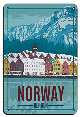 Oudrspo Norwegen Bergen Vintage Travel Poster Blechschild Vintage Metall Pub Club Cafe Bar Home Wandkunst Dekoration Poster Retro 8x12inch