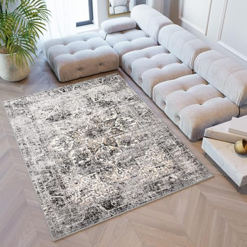 TAPISO Valley Teppich Kurzflor Vintage Grau Schwarz Blumen Rahmen Orientalisch Used Effekt Meliert Verwischt Wohnzimmer Schlafzimmer ÖKO-TEX 300 x 400 cm