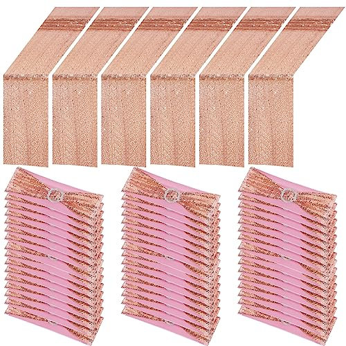 Newwiee 48pc Sequin Chair Sashes & 6pc Table Runners Set - Rose Gold, Modern Luxury Striped Pattern - Wedding, Banquet, Birthday Decorations