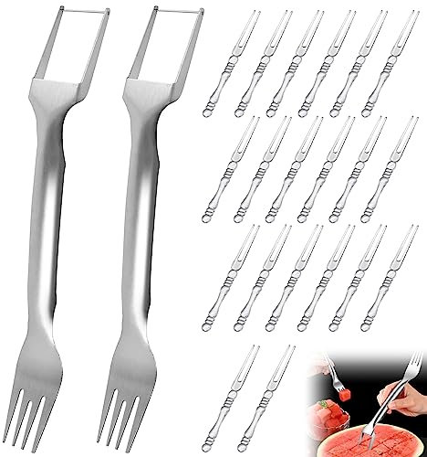 2 Piezas Cortador de Melón 2 en 1 Tenedor Sandia, Cortador de Tenedor de Sandía 2 en 1, Acero Inoxidable Cortador de Sandía, Cortador de Tenedor de Sandía Con 20 Piezas de Tenedores de Fruta