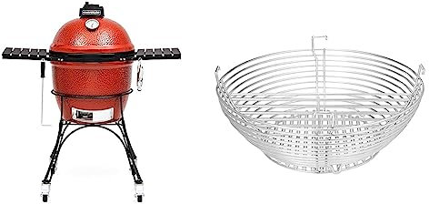 Kamado Joe KJ23RH Classic I Smoker BBQ, Outdoor Charcoal Barbecue Grill In Red With Cast Iron Cart, Heat Deflectors And Ash Tool & KJ-MCC23 Stainless Steel Charcoal Basket Grill Accessory