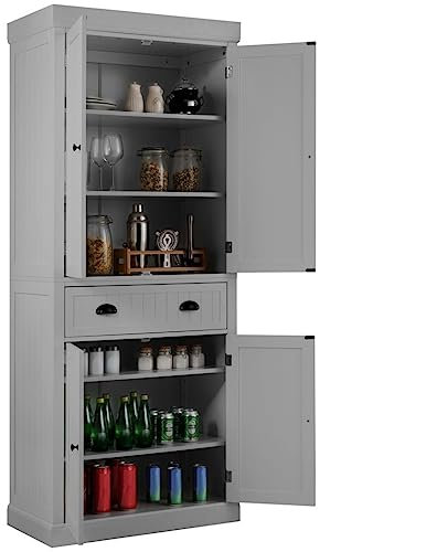 TANGZON Tall Kitchen Cupboard, 183cm 4-door Storage Cabinet with Drawer, Adjustable Shelves, Door Racks & Anti-tipping Device, Freestanding Wooden Sideboard Organiser (Grey, without Door Racks)