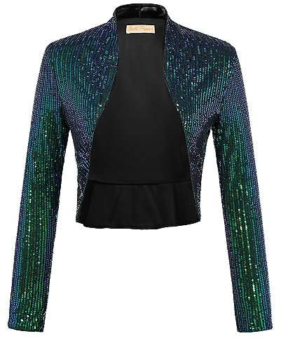Belle Poque Damen Paillettenjacke Langärmelig Vorne Offen Party Cropped Cardigan zuckt mit den Schultern
