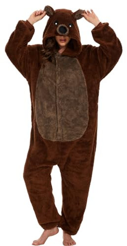 chuangminghangqi Pigiama da Donna Lungo Inverno Un Pezzo Animale Costume Costume Adulto Tuta Signore Accogliente Pigiama Pile Onesie Vestiti con Cappuccio e Zip (Brown Bear-7126, M)