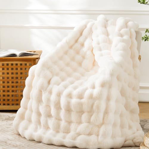 BENVWE Faux Fur Throw Blanket for Couch - Cozy Plush Fluffy Soft Thick Bubble Blanket for Living Room Home Decor - Mothers Day Birthday Gifts for Women, Cream White, 51 x 63