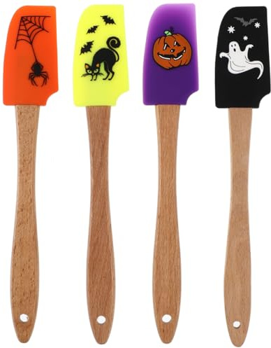 DOITOOL Halloween Silicone Handle Scraper Spatula Baking Gadget Kitchen Utensil 8.5 Inch Wooden Handle for Home and Bakery Seasonal Baking Supplies
