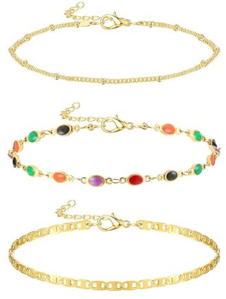 KRFY Or Bracelets Cheville en Acier Inoxydable Plaqué Or 14 Unités De Cheville en Acier Inoxydable Perles Chaîne À Maillons Cubains Ensemble Réglable Boho Bracelets De Cheville pour Femme Bijoux