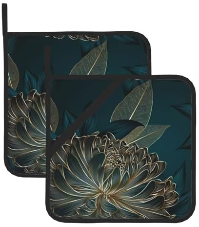 Confezione da 2 presine per cucina, fiori di crisantemo verde scuro, resistenti al calore, con tasche ad anello per appenderle, panni per forno a microonde, per cucinare, campeggio, cottura