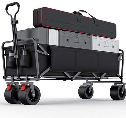 Folding Camping Trolley - Festival Trolley on Wheels Morpilot Portable Foldable Wagon 330lbs Beach Heavy-Duty Cart Picnic Transporter for Outdoor Shopping Sports Fishing Garden (Black)