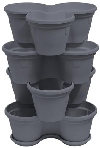 Engelland 4X Blumentopf, Säulentopf, Pflanzturm, Hochbeet, Pflanztopf-Kübel mit Untersetzer, stapelbar, widerstandsfähig, Kunststoff, für Außenbereich, 44 Liter, Farbe: Anthrazit